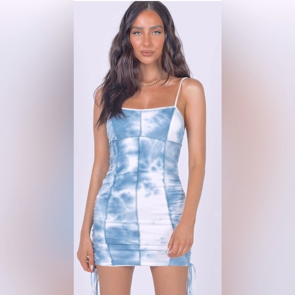 NWT Princess Polly Milan Ruched Bodycon Mini Dress in Blue Tie Dye. - Picture 4 of 11